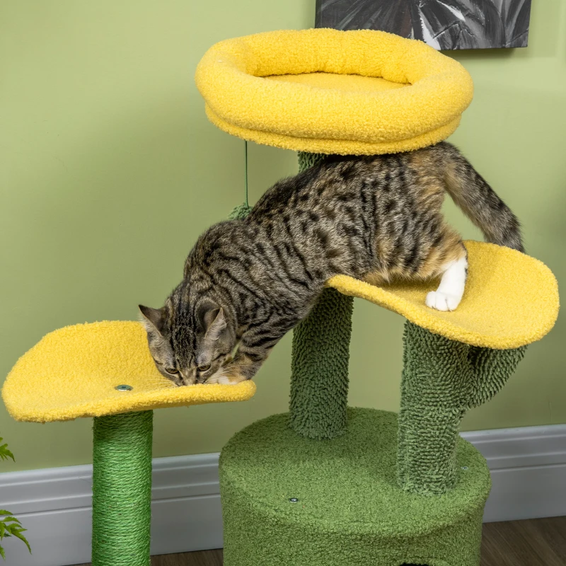 PawHut Árvore Arranhador para Gatos em Forma de Cacto com Casa de Pelúcia Plataformas Postes de Sisal 54x39x83cm Amarelo Verde