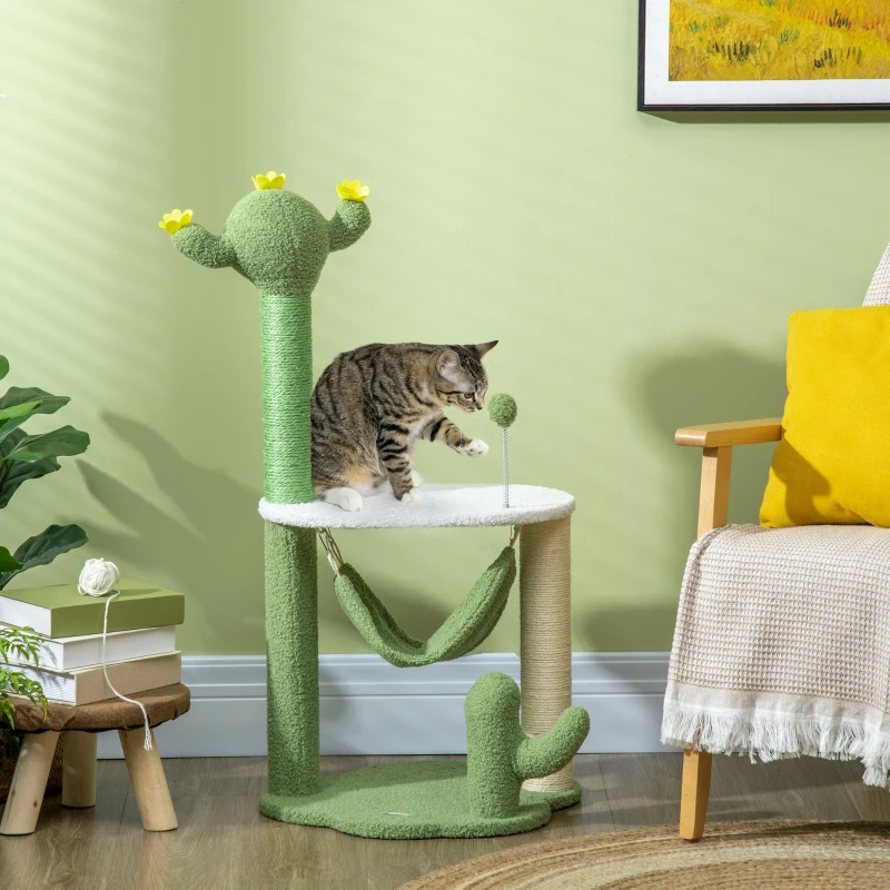 PawHut Árvore Arranhador para Gatos com Forma de Cacto com Rede Plataforma Postes de Sisal e Bola Divertida 45x45x90cm Verde