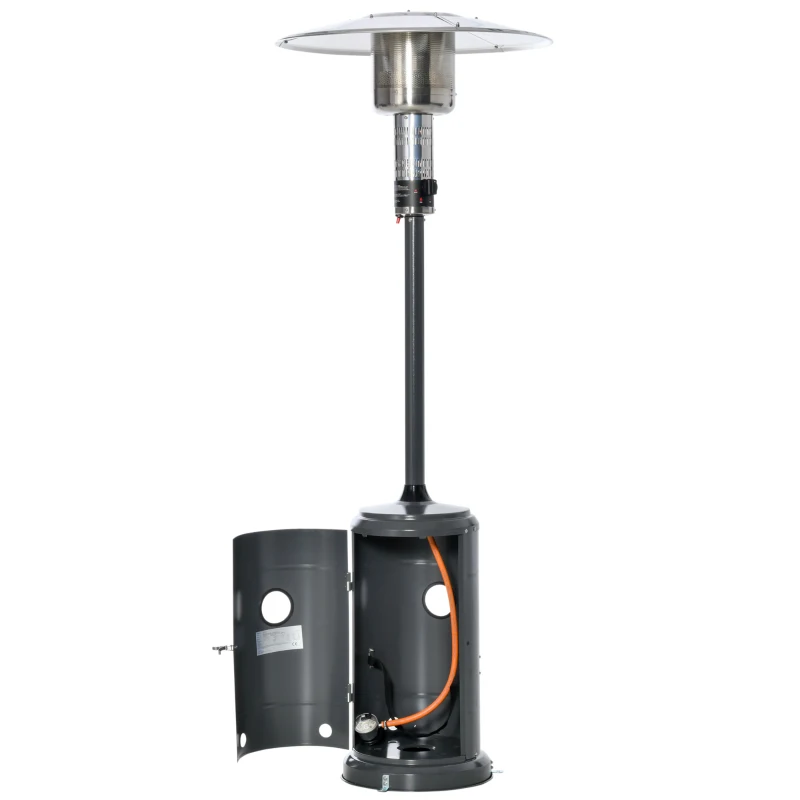 Outsunny Aquecedor de gás para varanda 12,5KW Tipo guarda-sol Aquecedor de pátio com desligamento automático rodas e cobertura Ø81,5x225 cm Cinza carvão
