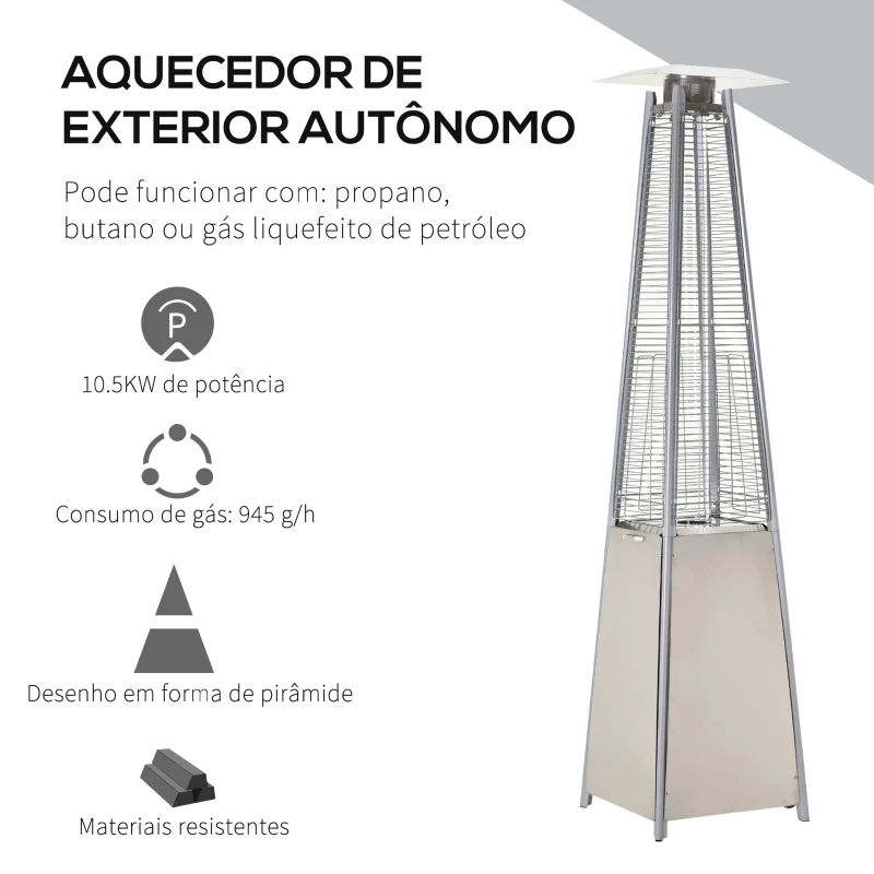 Outsunny Aquecedor a Gás para Exterior Pirâmide 10,5KW Aquecedor de Exterior de Propano Aço Inoxidável com Funda Protetora Regulador Mangueira e Rodas Ø49,5x227cm Prata