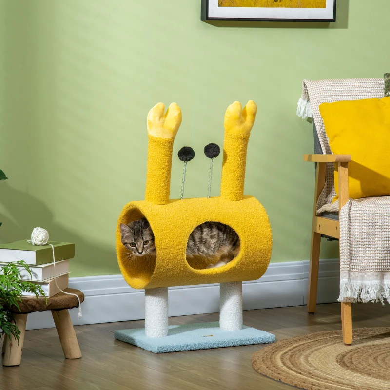 PawHut Árvore Arranhador para Gatos Postes com Forma de Caranguejo com Orifício e Bolas Divertidas 40x29x72cm Amarelo