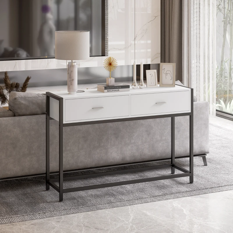 HOMCOM Tavolo Consolle per Ingresso con 2 Cassetti, Piano d'appoggio in Legno Bianco e Gambe in Metallo Nero 120x34x81cm