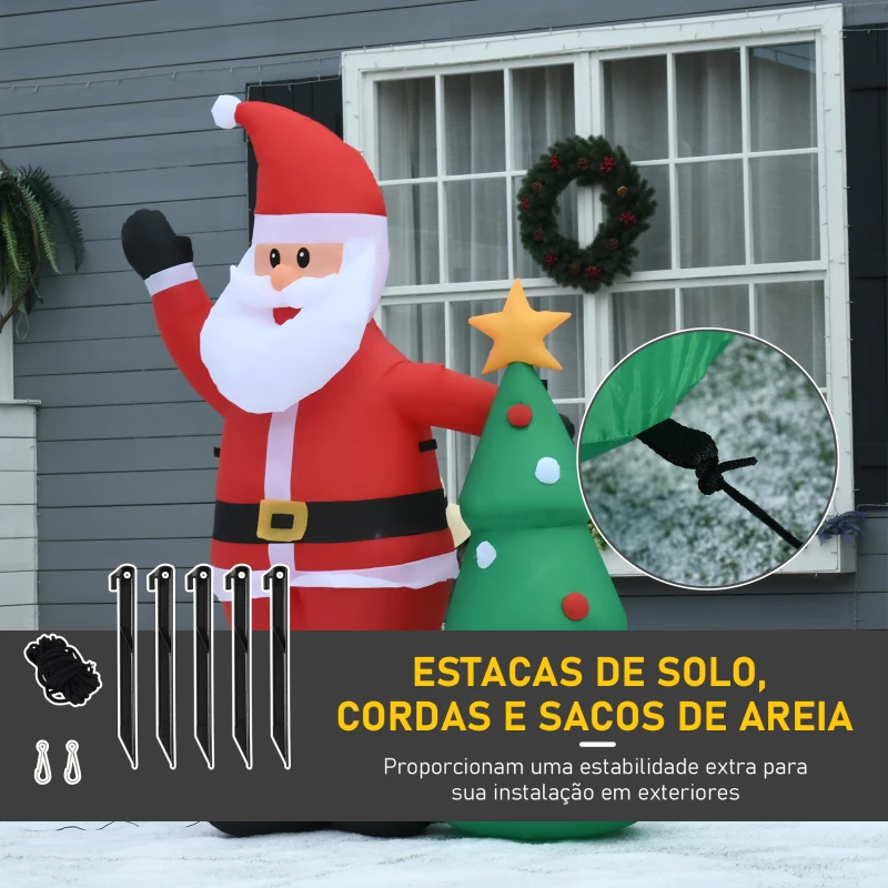 HOMCOM Pai Natal Inflável com Árvore de Natal com 3 Luzes LED e Inflador Elétrico Decoração de Natal para Exteriores Interiores 124x62x150cm Multicor
