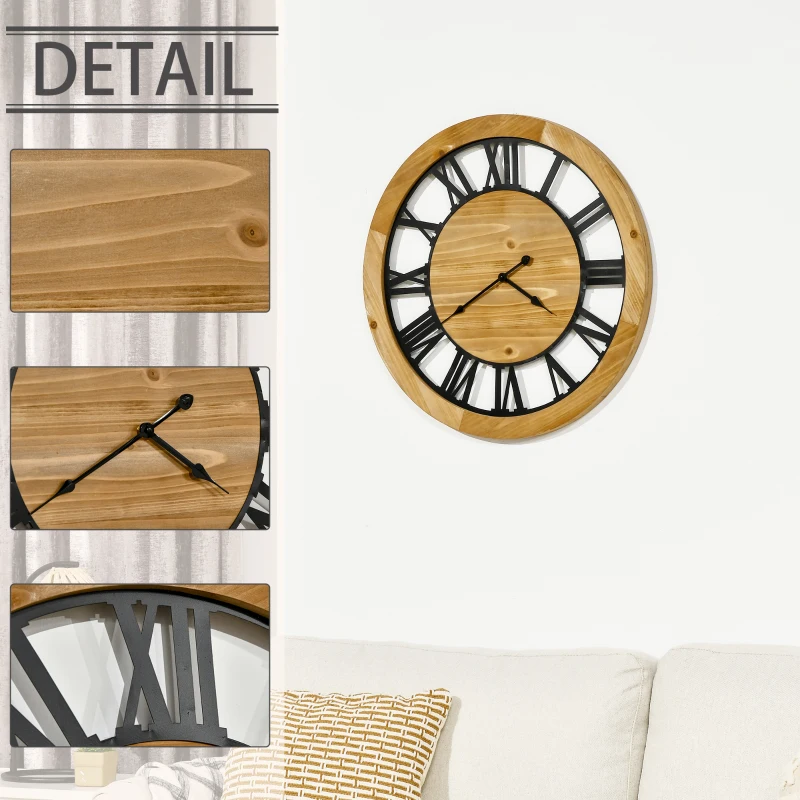 HOMCOM Wanduhr Vintage-Design 60 cm Durchmesser, mit römischen Zahlen, geräuschlos 60 cm x 60 cm x 4 cm Schwarz Natur
