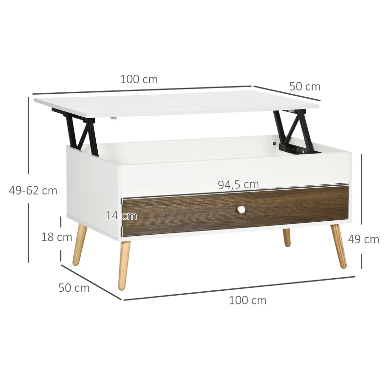 HOMCOM Mesa de Centro Elevable con Almacenamiento Oculto y Cajón para Oficina Estudio 100x50x49-62 cm Blanco y Roble