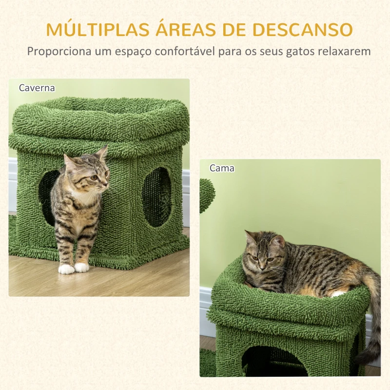 PawHut Árvore Arranhador para Gatos Desenho de Cacto com Cama Casa de Pelúcia Poste de Sisal e Bola Suspensa 68x30x67cm Verde