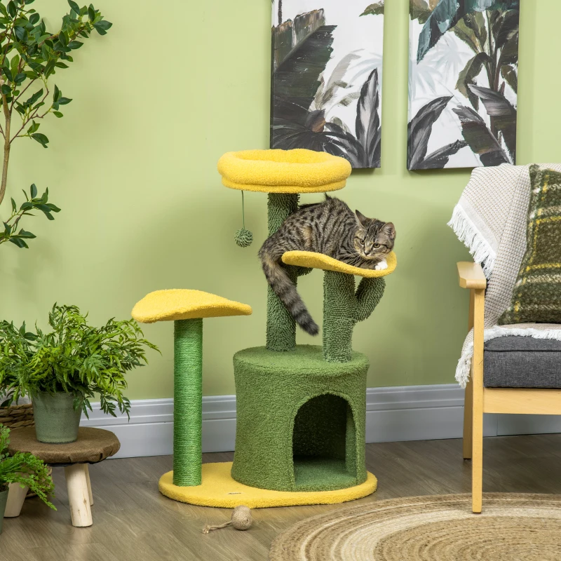 PawHut Árvore Arranhador para Gatos em Forma de Cacto com Casa de Pelúcia Plataformas Postes de Sisal 54x39x83cm Amarelo Verde