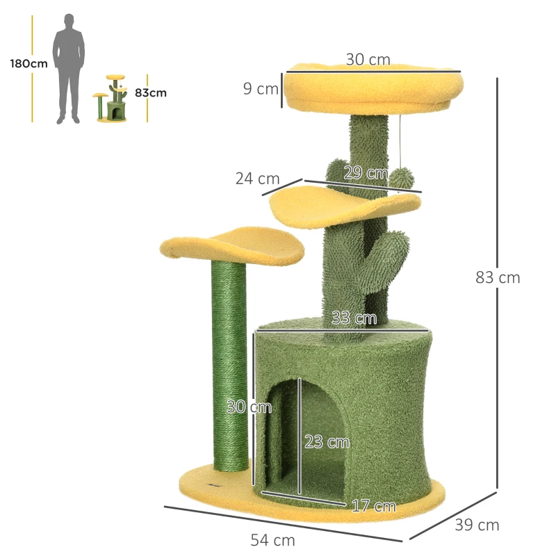PawHut Árvore Arranhador para Gatos em Forma de Cacto com Casa de Pelúcia Plataformas Postes de Sisal 54x39x83cm Amarelo Verde