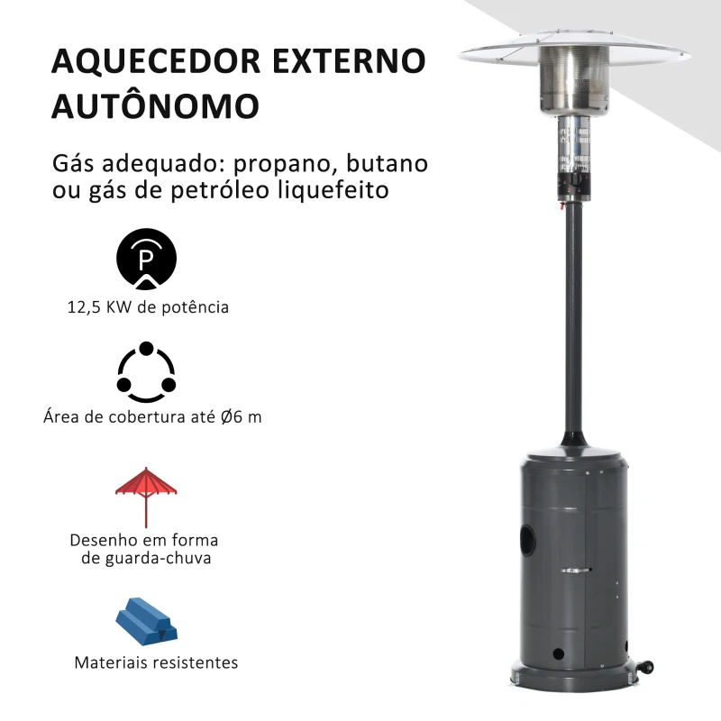 Outsunny Aquecedor de gás para varanda 12,5KW Tipo guarda-sol Aquecedor de pátio com desligamento automático rodas e cobertura Ø81,5x225 cm Cinza carvão