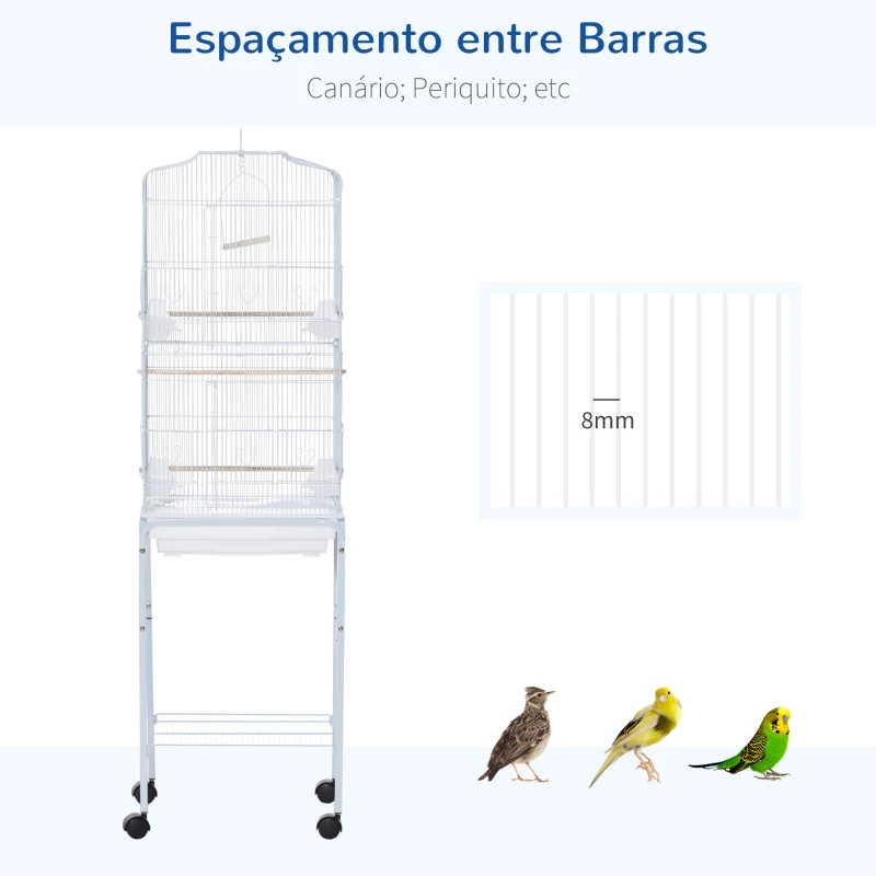 PawHut Gaiola para Passáros com Suporte  com 4 Rodas Portas 4 Comedouros 3 Poleiros e Bandeja Removível 46,5x36x157cm Branco