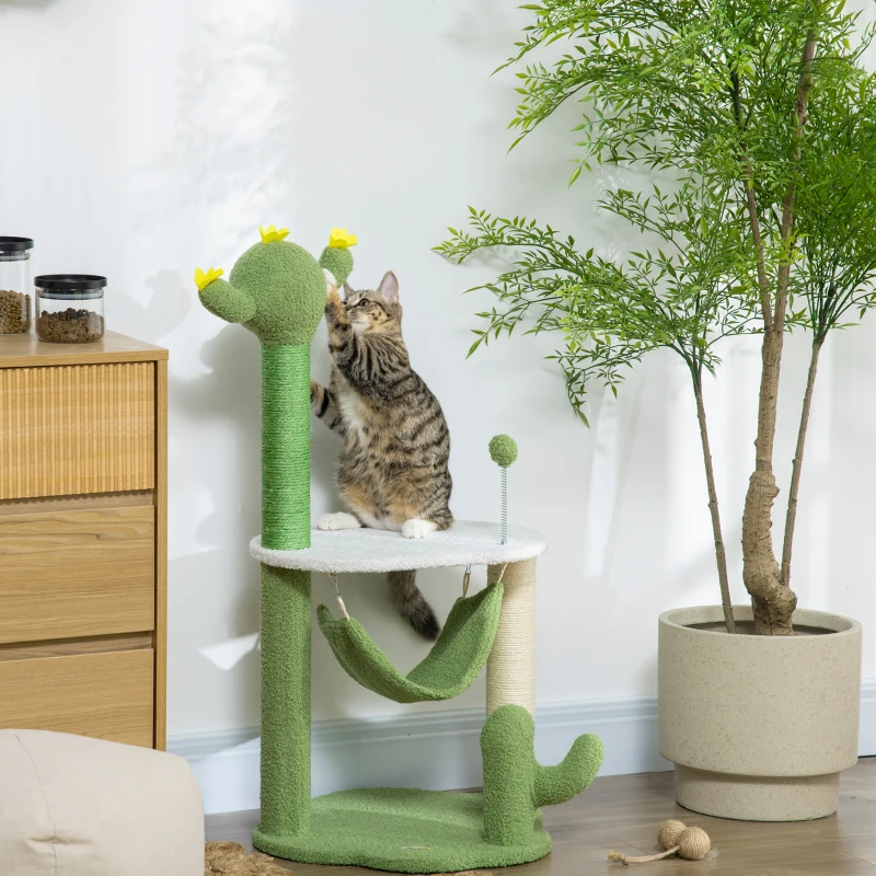 PawHut Árvore Arranhador para Gatos com Forma de Cacto com Rede Plataforma Postes de Sisal e Bola Divertida 45x45x90cm Verde