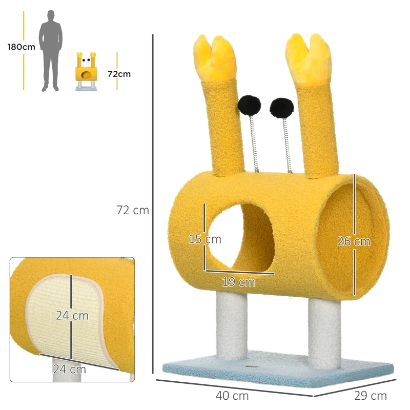 PawHut Árvore Arranhador para Gatos Postes com Forma de Caranguejo com Orifício e Bolas Divertidas 40x29x72cm Amarelo
