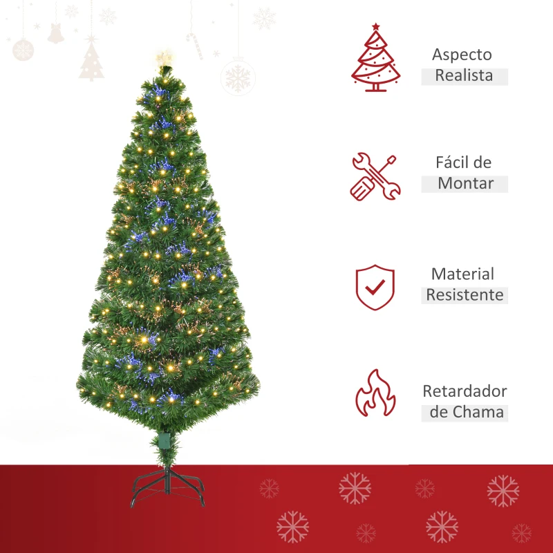 HOMCOM Árvore de Natal 180 cm Árvore de Natal Artificial com Luzes LED Fibra Óptica 230 Ramos de PVC e Suporte Metálico Ø82x180 cm Verde