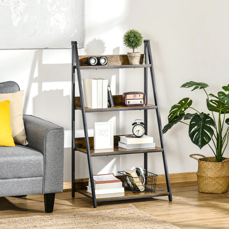 HOMCOM Leiterregal im Industriedesign 4 Regale 63,5 cm x 44 cm x 121 cm Holzwerkstoff Stahl Braun + Schwarz