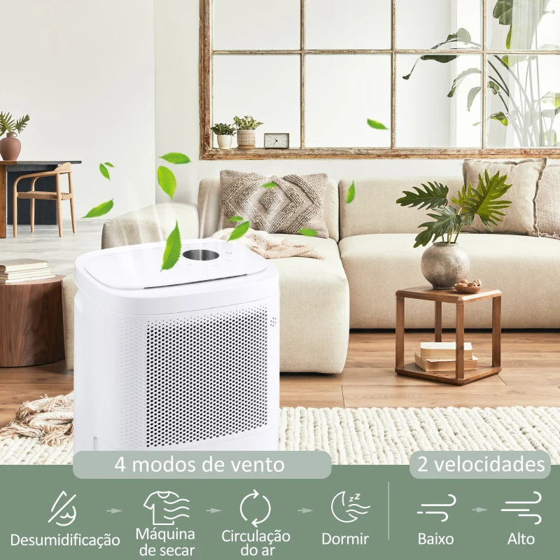 HOMCOM Desumidificador Elétrico 2200ml 10L/dia Silencioso Controlo com APP e Wifi 6 Modos Ecrã LED e Rodas 28x24x50cm Branco
