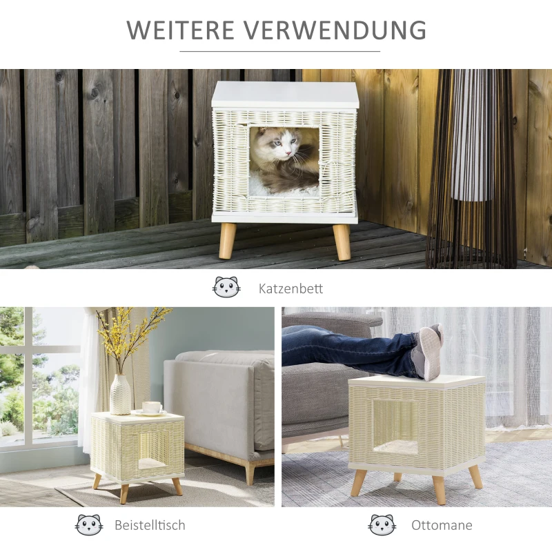 PawHut kattengrot van rotan met kussen kattenslaapplaats natuurlijke nerfkleur rotan kattenmand kattenhuis kattenhut kattenbed huisdierbed PE rotan MDF beige + wit + naturel 36 x 36 x 40 cm