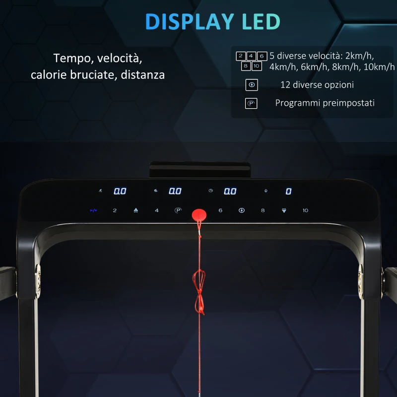 HOMCOM Tapis Roulant Elettrico Pieghevole Salvaspazio con 2 Ruote, 12 Programmi e Chiave di Sicurezza, per Casa e Ufficio, Max 12km/h