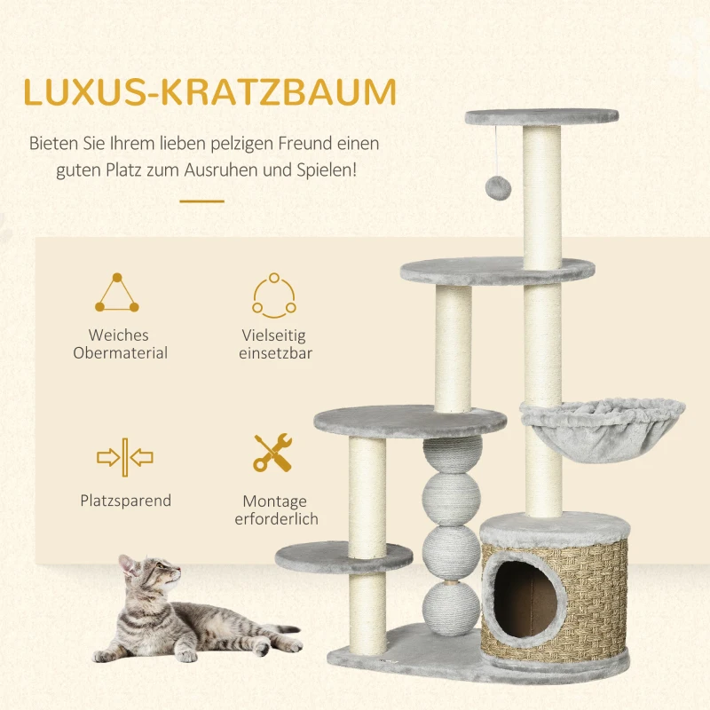 PawHut kattenboom met kattengrot, hangmat en 3 krabpalen 60 cm x 40 cm x 115,5 cm lichtgrijs