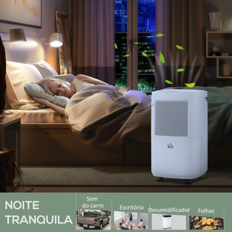 HOMCOM Desumidificador Elétrico 2200ml 10L/dia Silencioso Controlo com APP e Wifi 6 Modos Ecrã LED e Rodas 28x24x50cm Branco