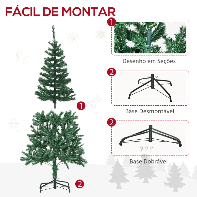 HOMCOM Árvore de Natal Artificial 150cm Ignífugo com 420 Ramos 48 Decorações Folhas de PVC e Suporte Metálico Verde