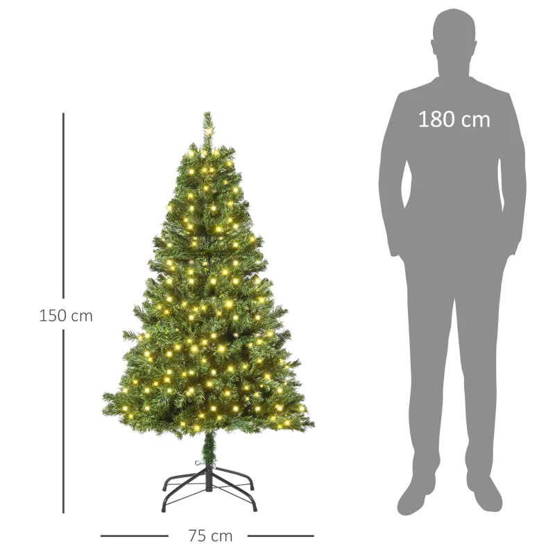 HOMCM Árvore de Natal Artificial com 490 Ramos 170 Luzes LED e Base Dobrável de Metal para Interior Ø75x150 cm Verde