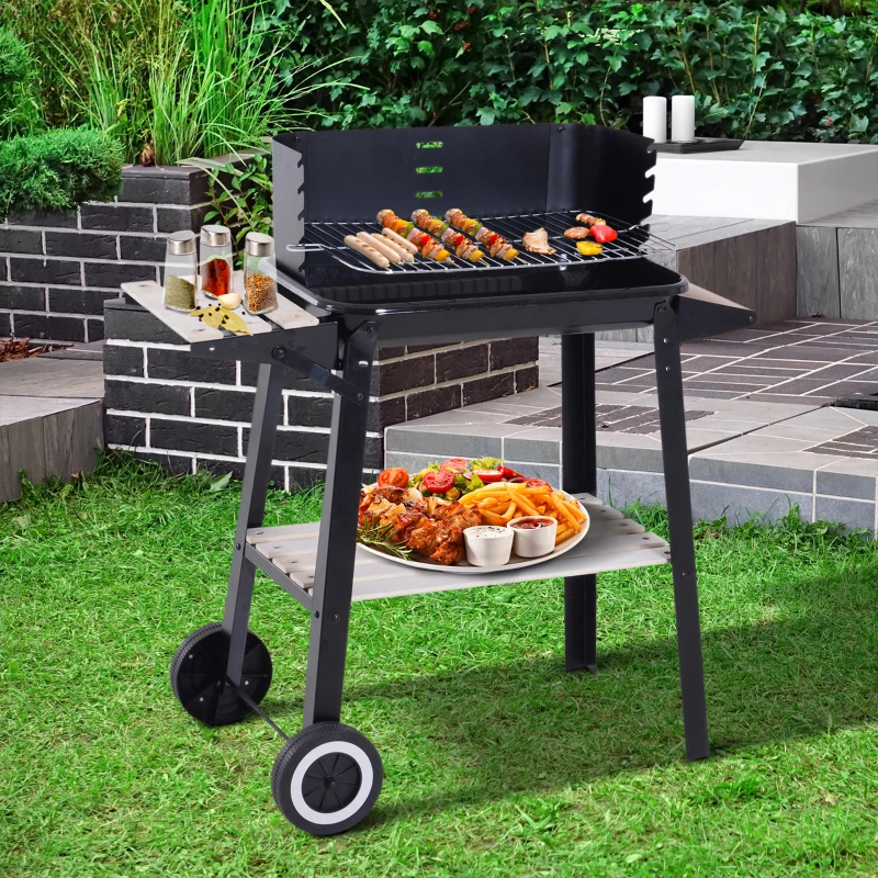 Outsunny Grill na kółkach Grill ogrodowy Grill stojący z ochroną przed wiatrem 2 półki ruszt do grilla z regulacją wysokości metal czarny 83 x 45 x 87 cm