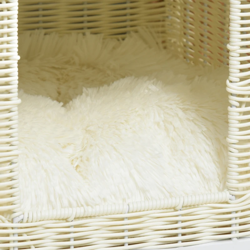 PawHut kattengrot van rotan met kussen kattenslaapplaats natuurlijke nerfkleur rotan kattenmand kattenhuis kattenhut kattenbed huisdierbed PE rotan MDF beige + wit + naturel 36 x 36 x 40 cm