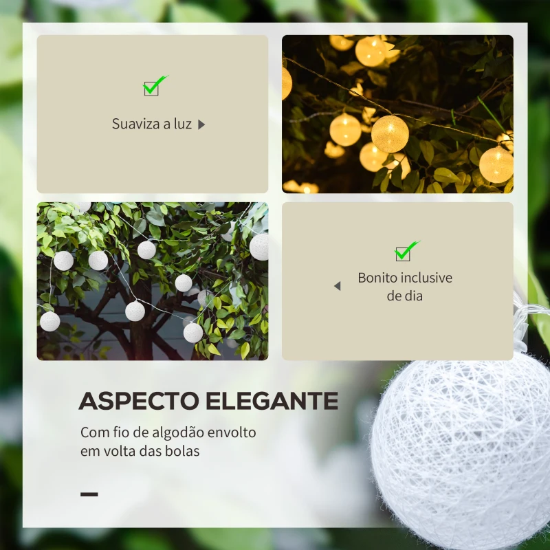 Outsunny 4 Grinaldas de Luzes LED de 5,3m com 20 Bolas com Ecrã de Algodão Luzes Branco Quente para Decoração de Interiores e Exteriores