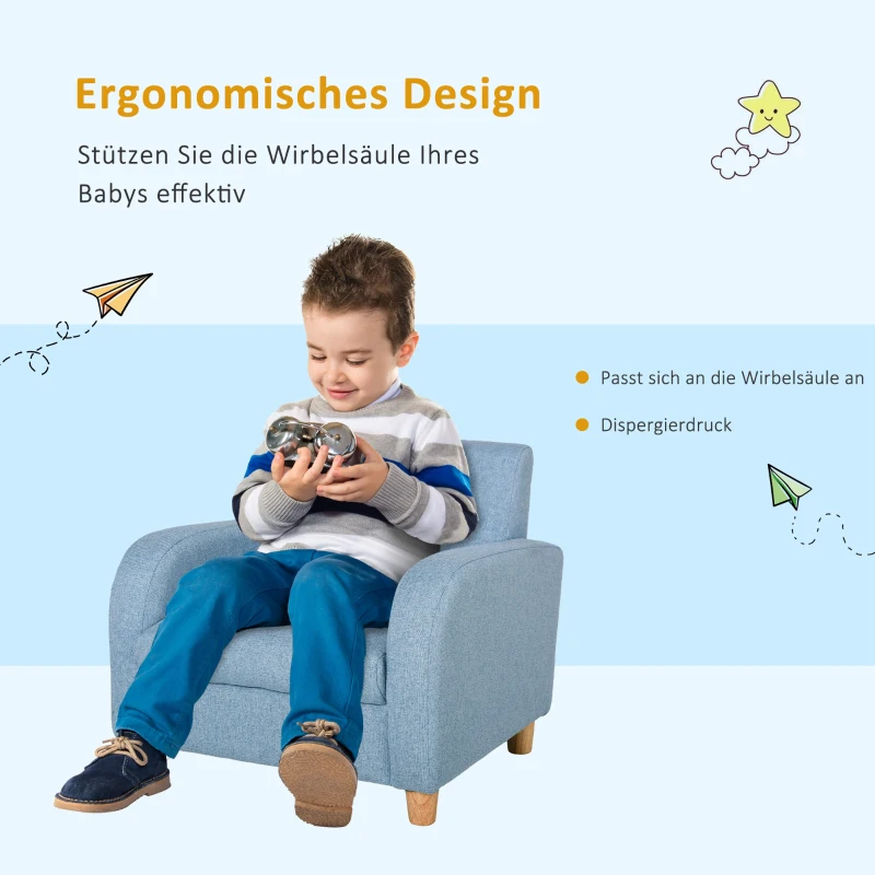 HOMCOM Kindersessel Kindersofa mit Leinen-Optik, massiven Holzfüßen Sessel aus Schaumstoff Kinderstuhl für Kinderzimmer, Spielzimmer, 49 x 45 x 44 cm, für Kinder 3-5 Jahre Blau