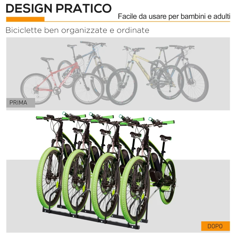 HOMCOM Rastrelliera Portabiciclette Parcheggio per 4 Biciclette in Acciaio, 110x33x27 cm, Nero