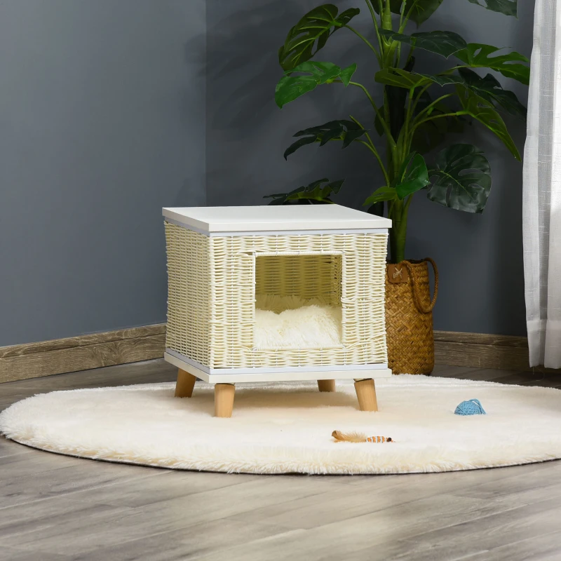 Jaskinia dla kota PawHut z rattanu z poduszką miejsce do spania dla kota naturalny kolor słojów rattan kosz dla kota domek dla kota legowisko dla kota legowisko dla zwierząt domowych rattan PE MDF kolor beżowy + biały + naturalny 36 x 36 x 40 cm