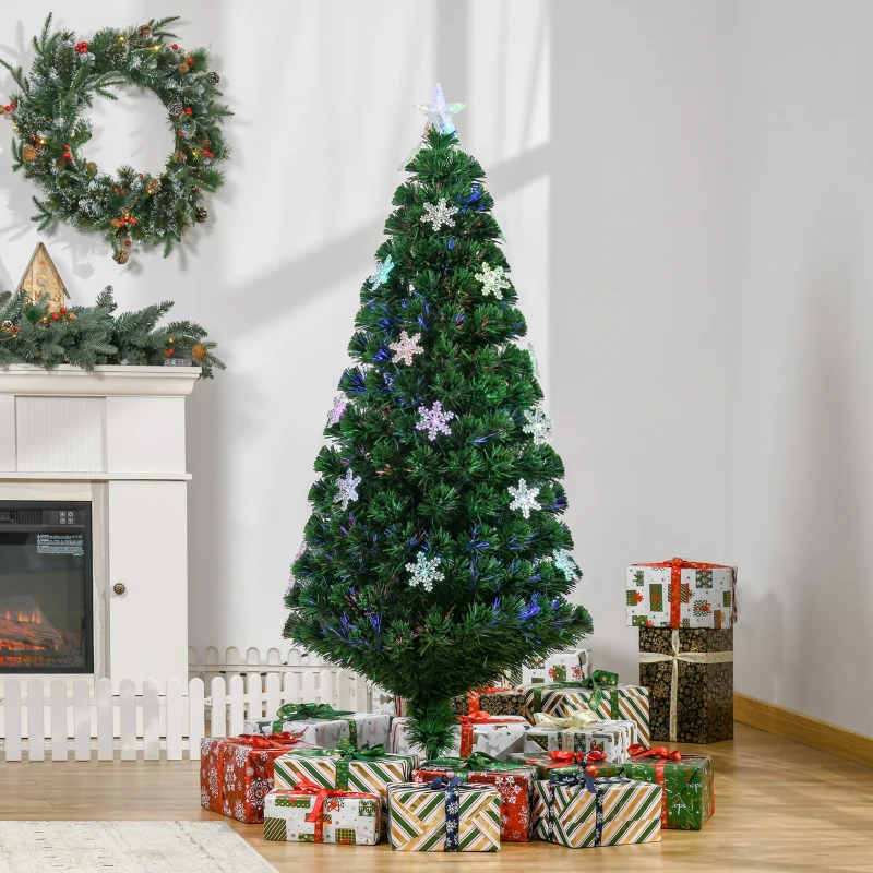 HOMCOM Árvore de Natal Artificial 150 cm Árvore de Natal com 180 Ramos 21 Luzes LED e Fibra Óptica Decoração de Natal Ø60x150 cm Verde