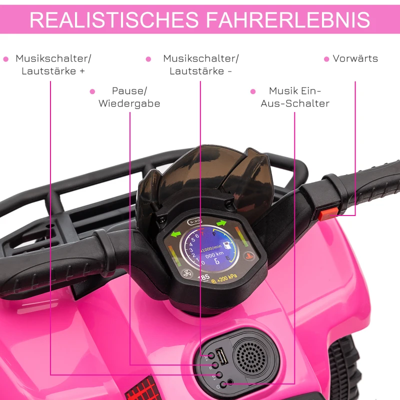 HOMCOM mini elektrische quad kinderen elektrische ATV kinderwagen LED koplamp kindervoertuig kindermotorfiets elektrische quad voor 18-36 maanden kinderen metaal PP kunststof roze 66 x 44 x 42 cm(m-6)