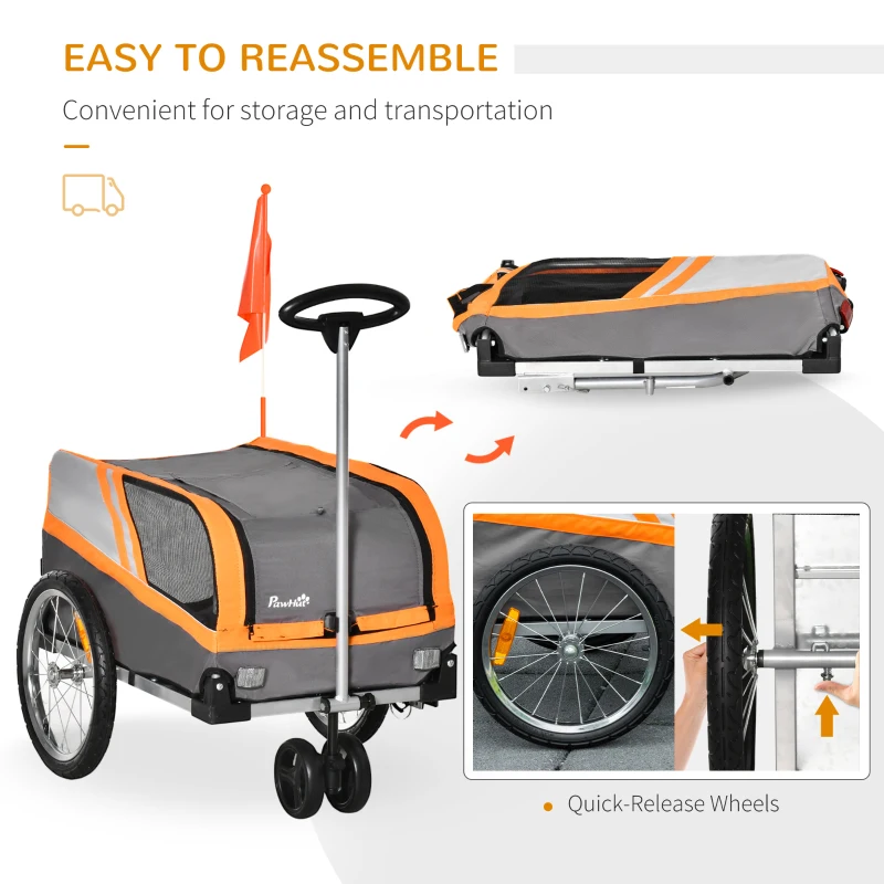 PawHut Dog Bike Trailer 2-in-1 Trolley Stroller Cart Bicycle Carrier for Cat Puppy Travel w/ Reflectors Hitch Coupler Red Flag - Orange