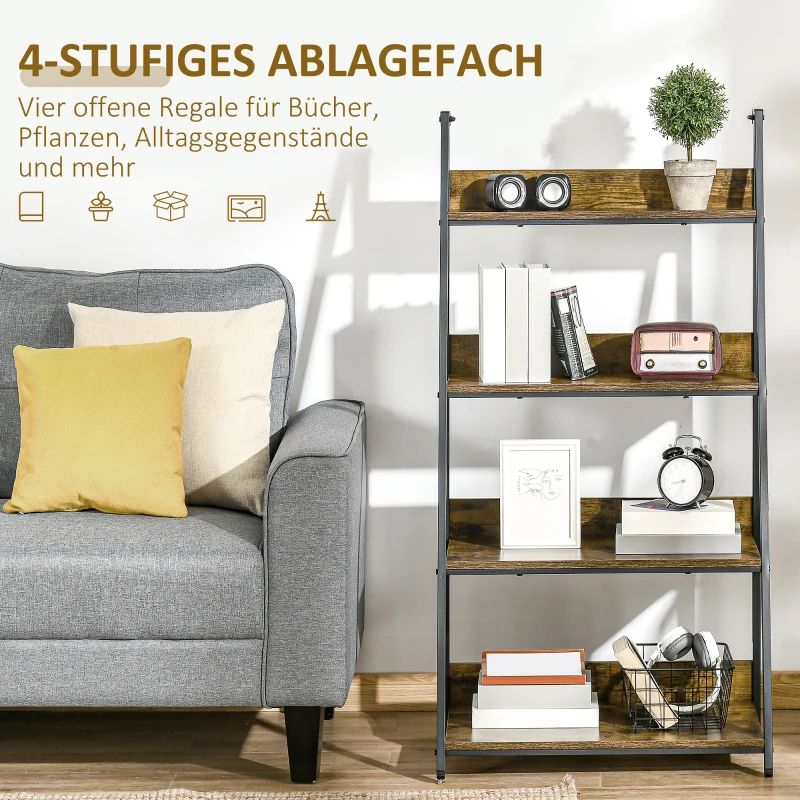 HOMCOM Leiterregal im Industriedesign 4 Regale 63,5 cm x 44 cm x 121 cm Holzwerkstoff Stahl Braun + Schwarz