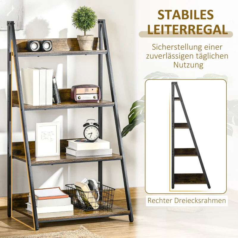 HOMCOM Leiterregal im Industriedesign 4 Regale 63,5 cm x 44 cm x 121 cm Holzwerkstoff Stahl Braun + Schwarz