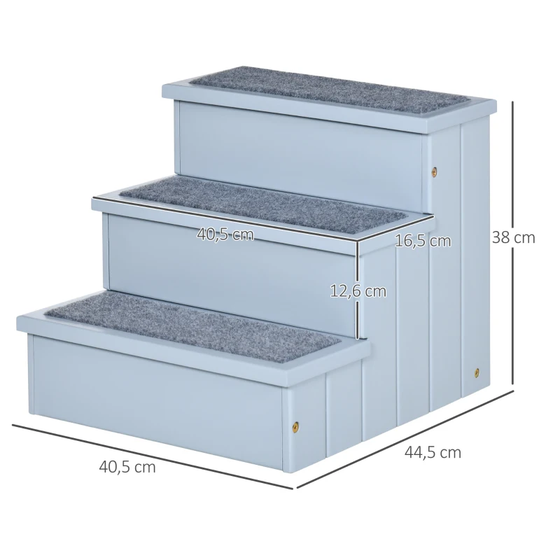 PawHut® SCHODY DLA ZWIERZĄT DOMOWYCH SCHODKI DLA PSA PODEST Z DYWANIKIEM SCHOWEK WEWNĘTRZNY drewno sosnowe szary 40,5 X 44,5 X 38 cm