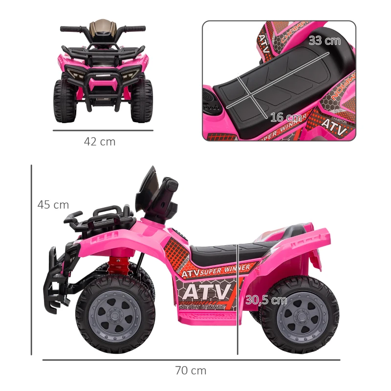 HOMCOM mini elektrische quad kinderen elektrische ATV kinderwagen LED koplamp kindervoertuig kindermotorfiets elektrische quad voor 18-36 maanden kinderen metaal PP kunststof roze 66 x 44 x 42 cm(m-3)