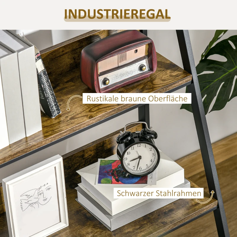 HOMCOM Leiterregal im Industriedesign 4 Regale 63,5 cm x 44 cm x 121 cm Holzwerkstoff Stahl Braun + Schwarz