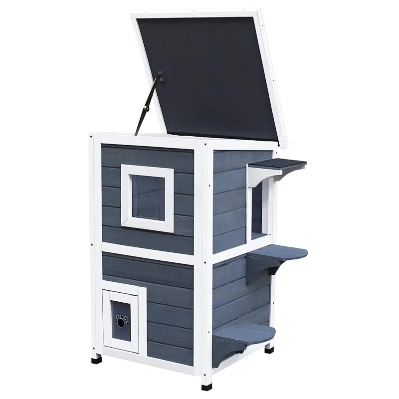 PawHut® kattenhuis 2 verdiepingen kattenvilla met trappen asfaltdak raam vurenhout grijs 51 x 51 x 81,3 cm(m-11)