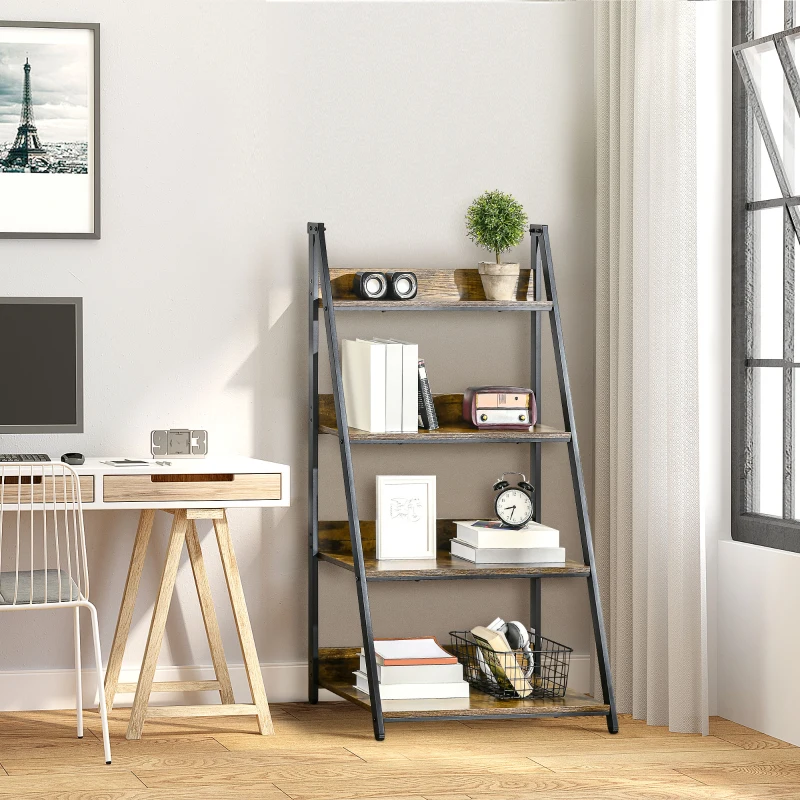 HOMCOM Leiterregal im Industriedesign 4 Regale 63,5 cm x 44 cm x 121 cm Holzwerkstoff Stahl Braun + Schwarz