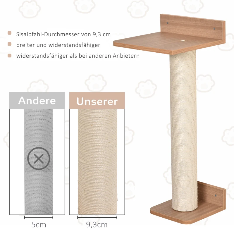 PawHut Kletterwand für Katzen Wandmontierter Katzenbaum Kratzbaum Katzenbretter für Wand Wandkratzbaum mit Katzenkratzmatte Kletterbaum Sisalsäulen Spanplatte Sisal Natürlich 30 x 27,5 x 63 cm