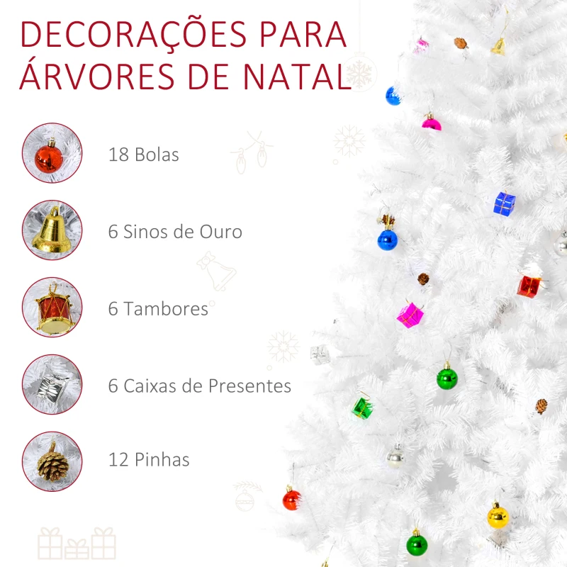 HOMCOM Árvore de Natal Artificial 180cm com 930 Ramos de PVC 48 Decorações Incluidas Decoração de Natal Ø105x180cm Branco