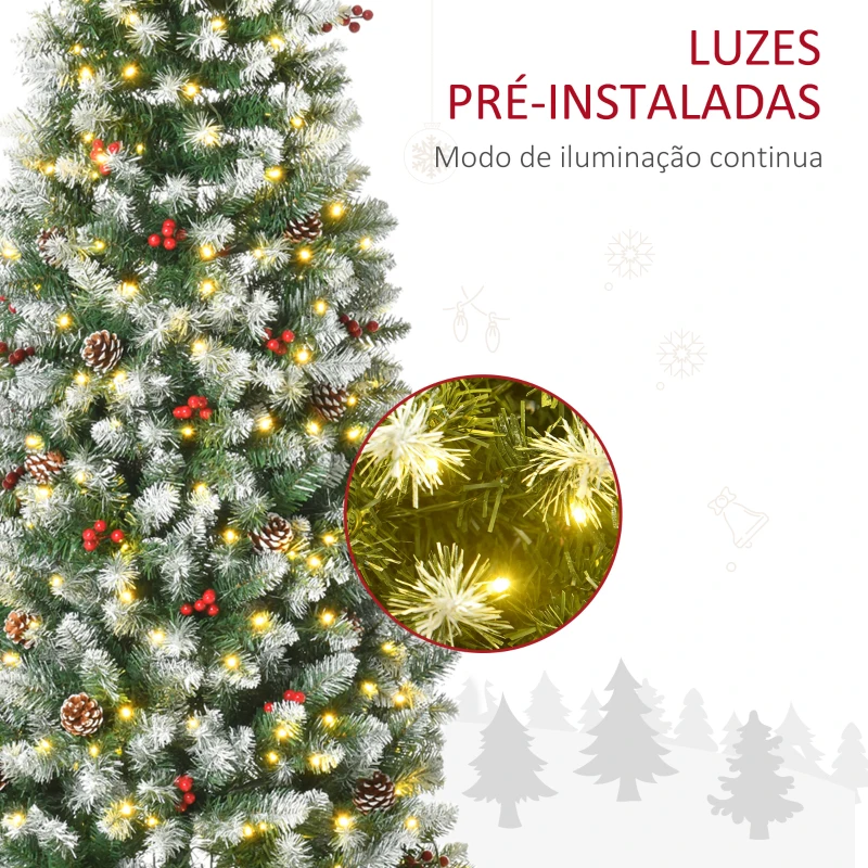 HOMCOM Árvore de Natal Nevada Artificial 180cm com 300 Luzes LED Branco Quente 618 Ramos Ignífugos de PVC Decorações Incluidadas e Base Dobrável Ø65x180cm Verde