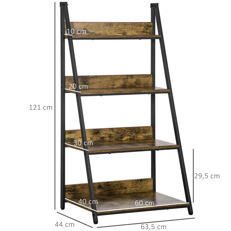 HOMCOM Leiterregal im Industriedesign 4 Regale 63,5 cm x 44 cm x 121 cm Holzwerkstoff Stahl Braun + Schwarz