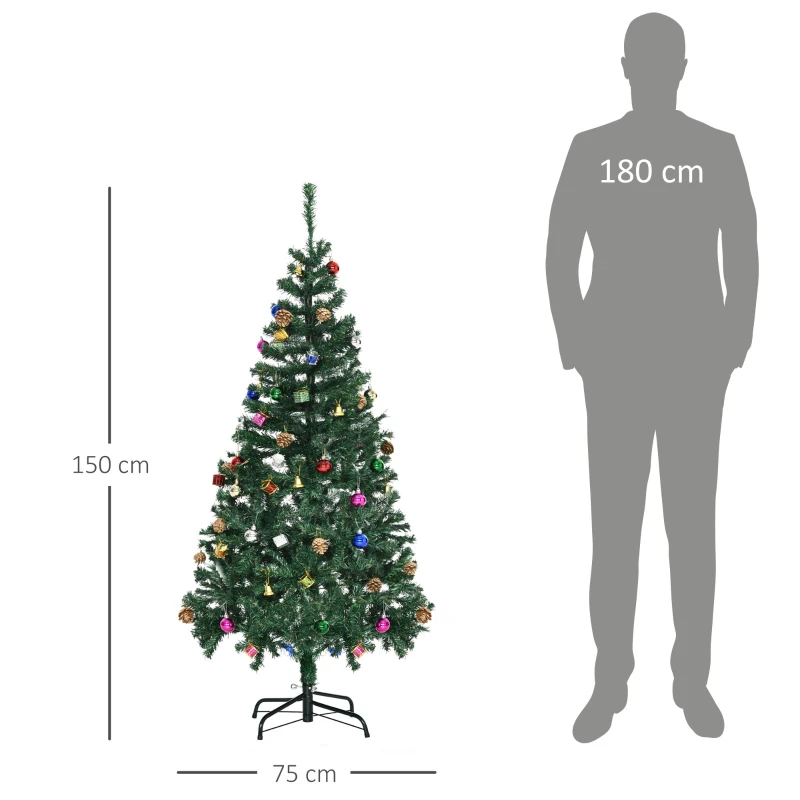 HOMCOM Árvore de Natal Artificial 150cm Ignífugo com 420 Ramos 48 Decorações Folhas de PVC e Suporte Metálico Verde