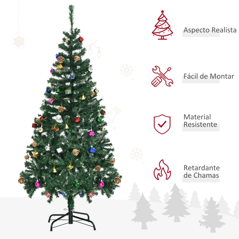 HOMCOM Árvore de Natal Artificial 150cm Ignífugo com 420 Ramos 48 Decorações Folhas de PVC e Suporte Metálico Verde