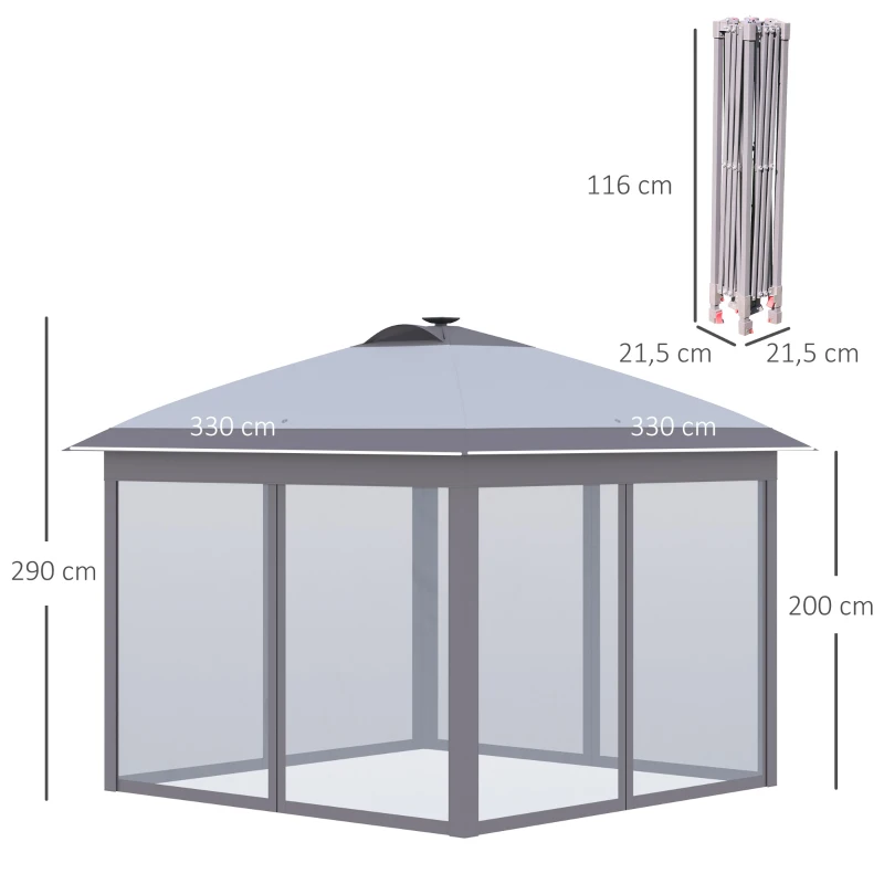 Outsunny Pavillon Faltpavillon mit LED Solar Lichterkette USB-Ladeanschluss Pop-Up-Pavillon 3,3 x 3,3 m Gartenpavillon inkl. Tasche atmungsaktivem Dach Oxford Mesh Grau