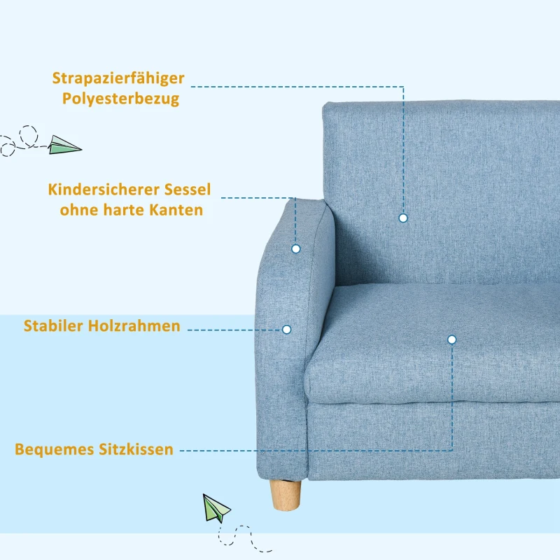 HOMCOM Kindersessel Kindersofa mit Leinen-Optik, massiven Holzfüßen Sessel aus Schaumstoff Kinderstuhl für Kinderzimmer, Spielzimmer, 49 x 45 x 44 cm, für Kinder 3-5 Jahre Blau