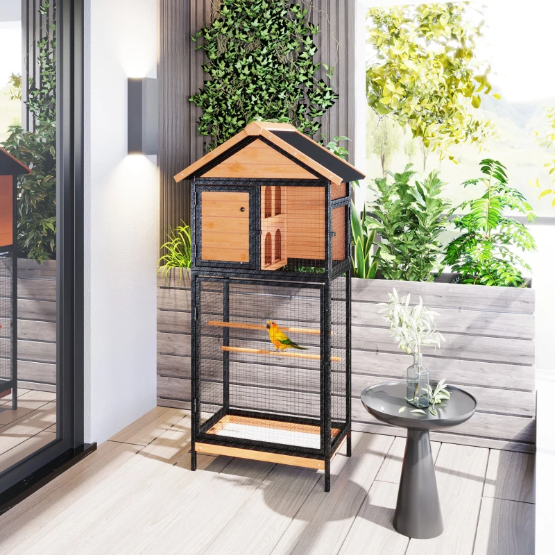 PawHut Wood & Steel Bird Cage, with Standing Pole, Nest and Slide-Out Tray - Natural Finish